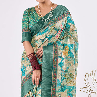 Cream & Blue Printed Art Silk Saree