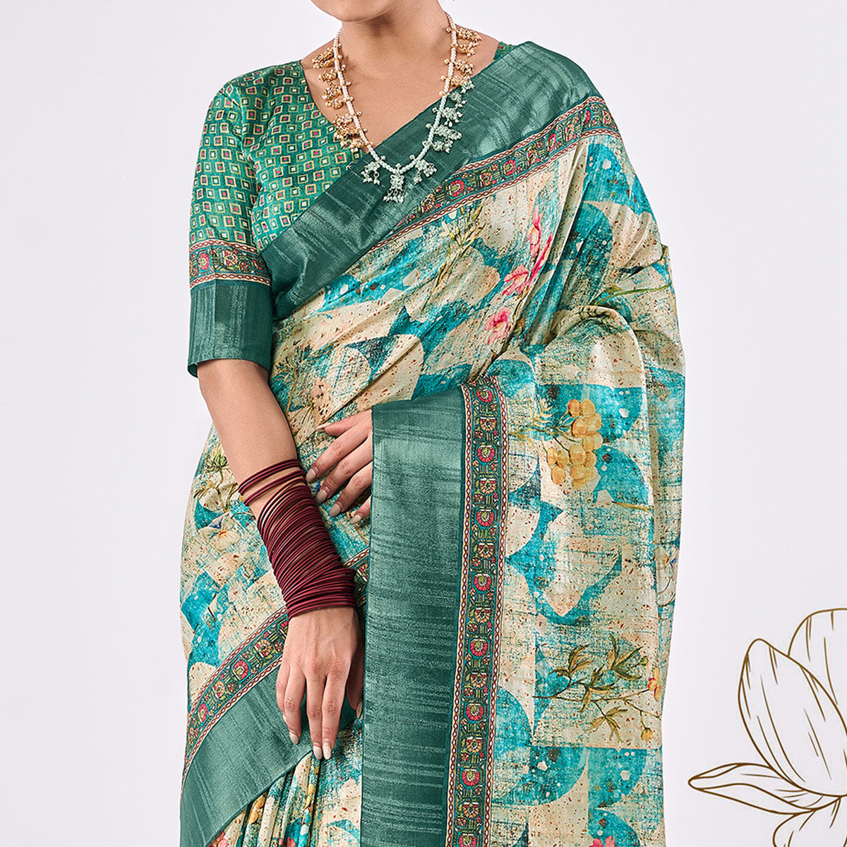 Cream & Blue Printed Art Silk Saree