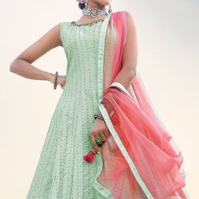 Light Sea Green Sequins Embroidered Raw Silk Gown