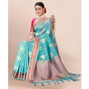 Blue Woven Organza Saree With Tassels