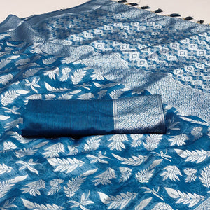 Blue Woven Cotton Silk Saree With Tassels