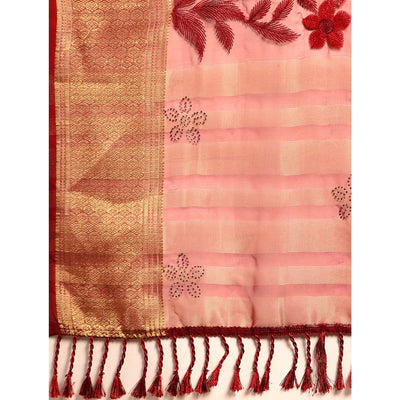 Maroon Floral Embroidered Organza Saree