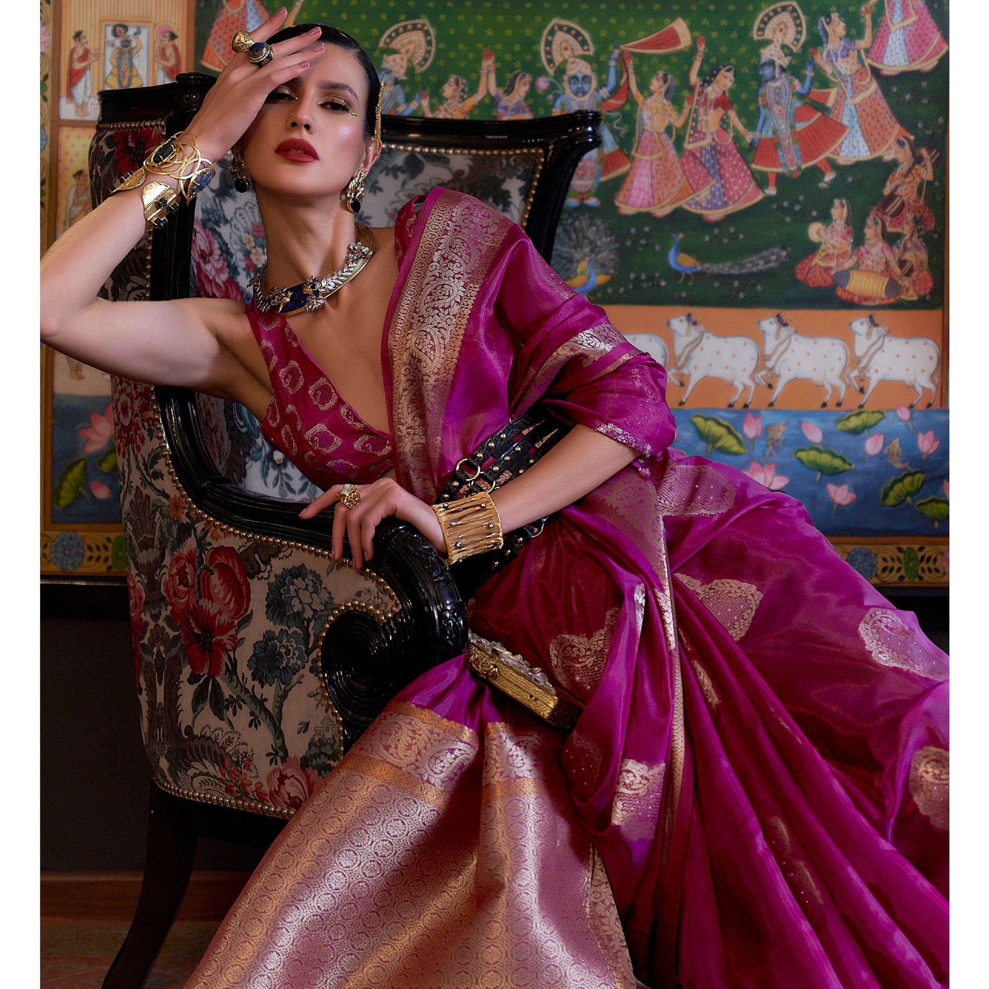 Magenta Purple Woven Organza Saree With Tassels