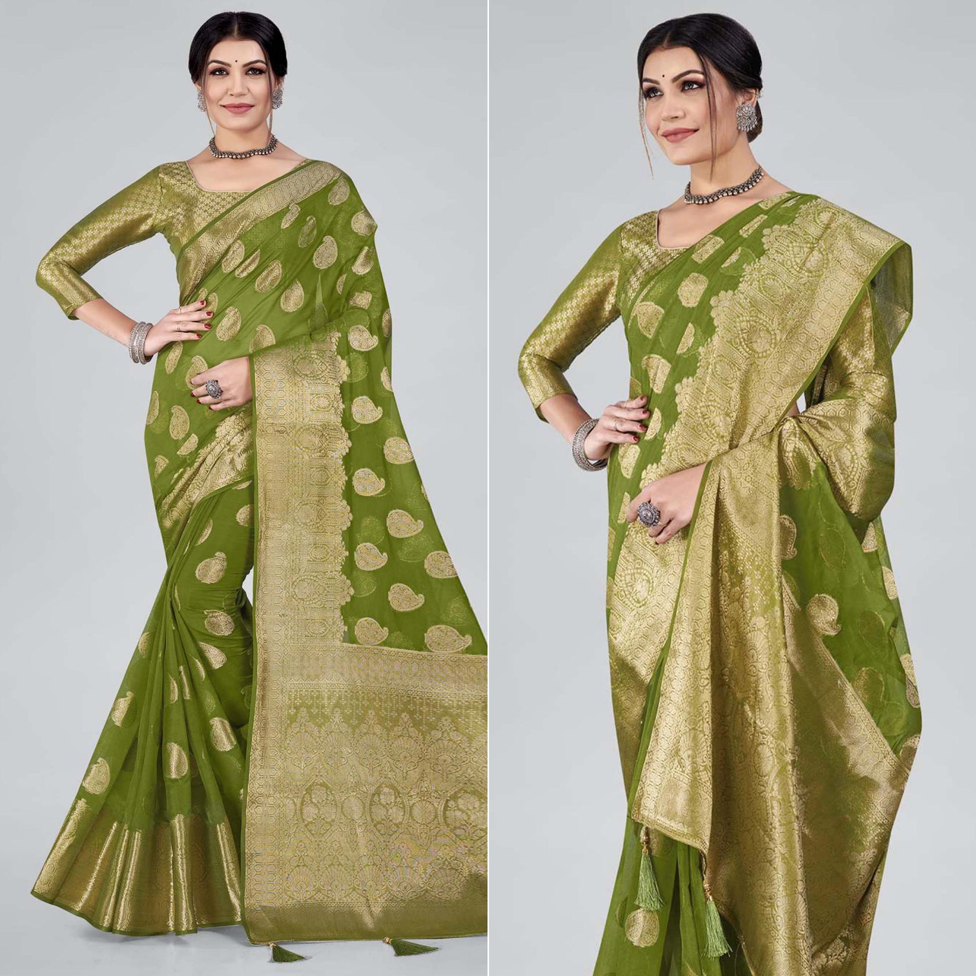 green-woven-organza-saree-with-tassels-2