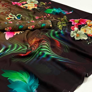Brown-Black Floral Digital Printed Georgette Saree