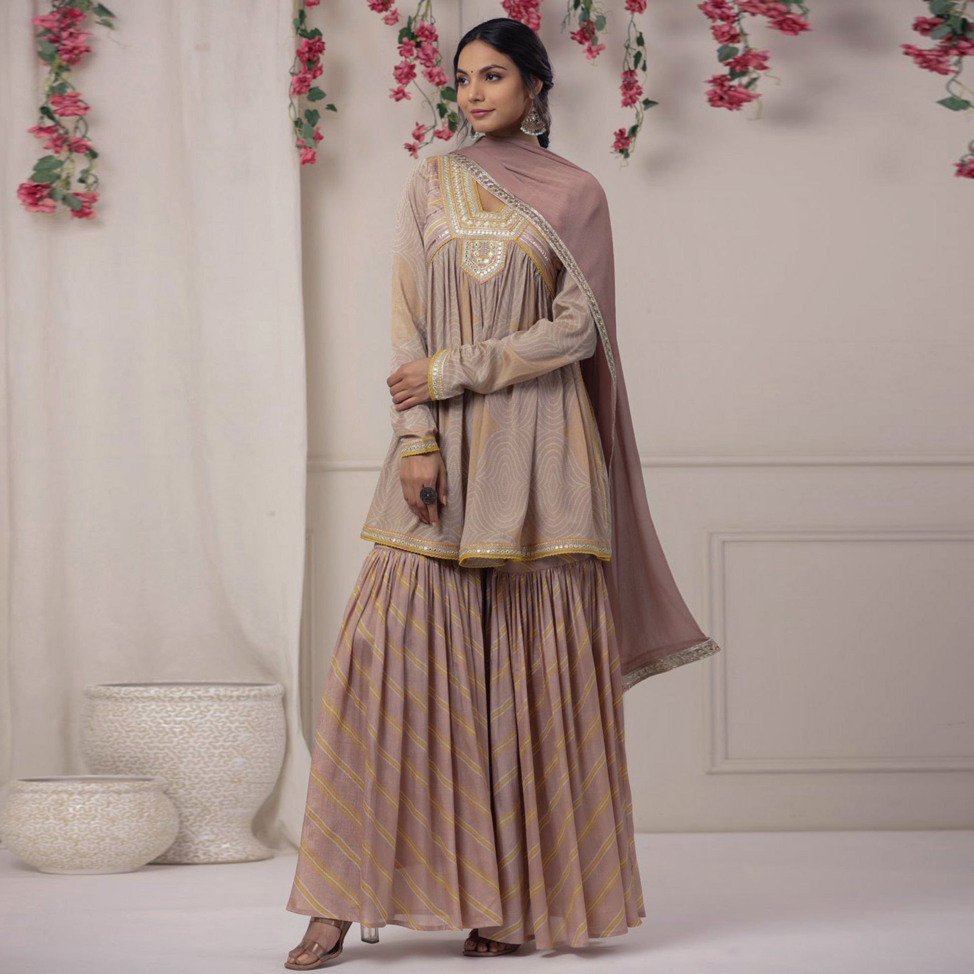 Mauve Printed With Embroidered Chiffon Sharara Suit