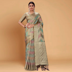 Grey Woven Organza Saree With Tassels