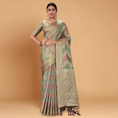 Grey Woven Organza Saree With Tassels