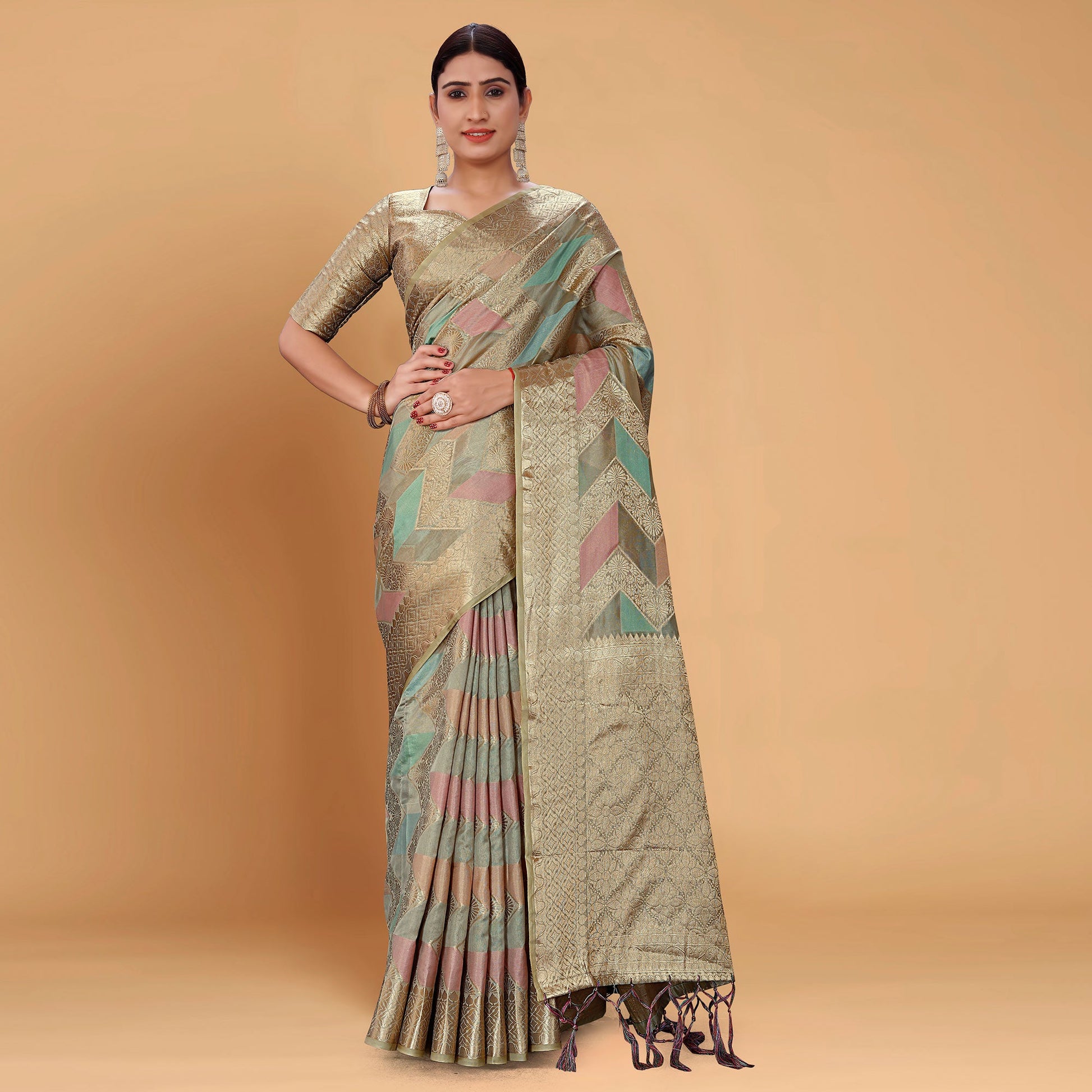 Grey Woven Organza Saree With Tassels