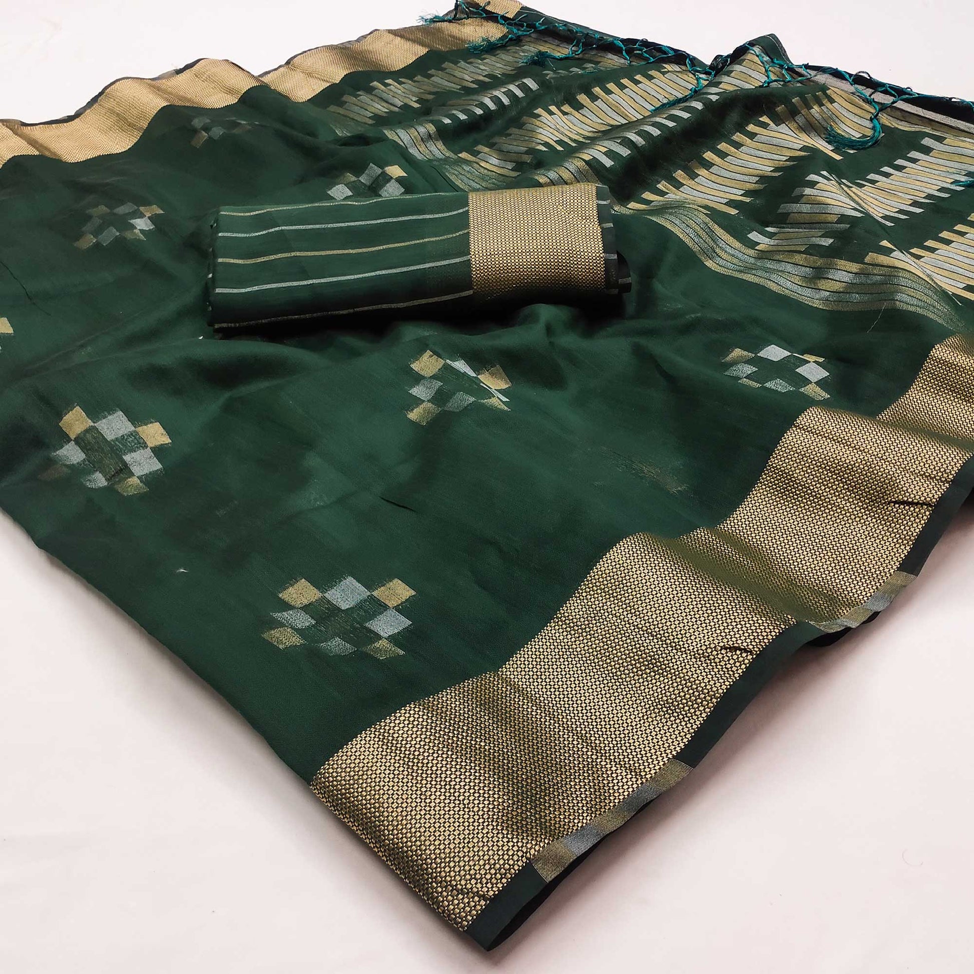 green-woven-khaadi-saree-with-tassels