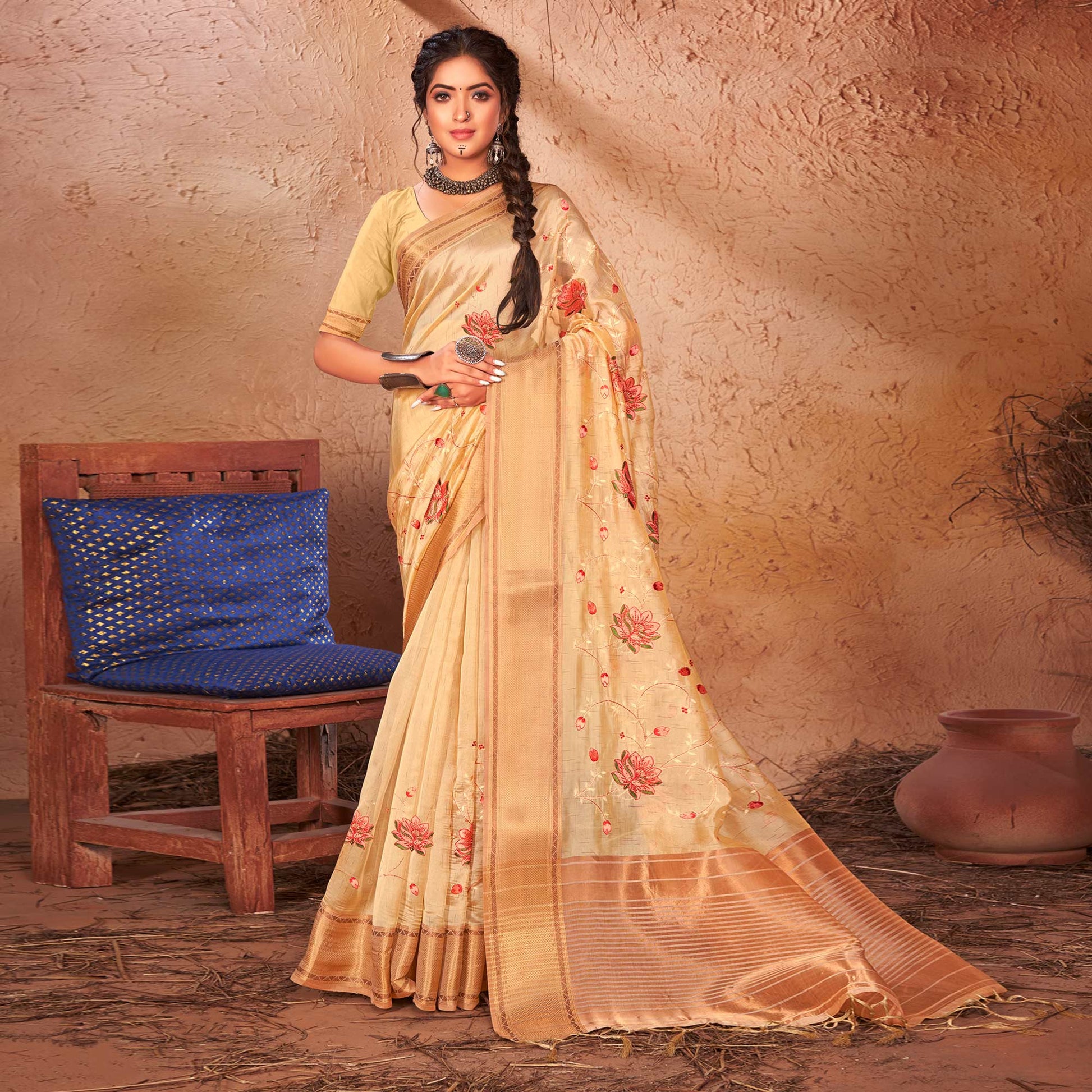 Cream Embroidered With Woven Border Organza Saree