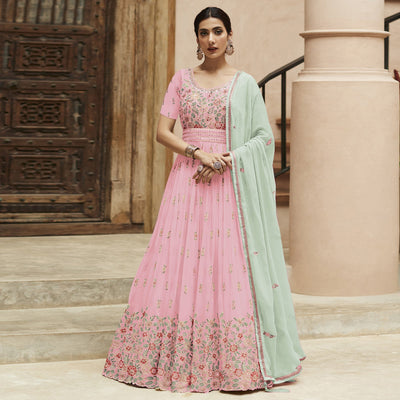 Light Pink Sequins Floral Embroidered Georgette Semi Stitched Anarkali Suit