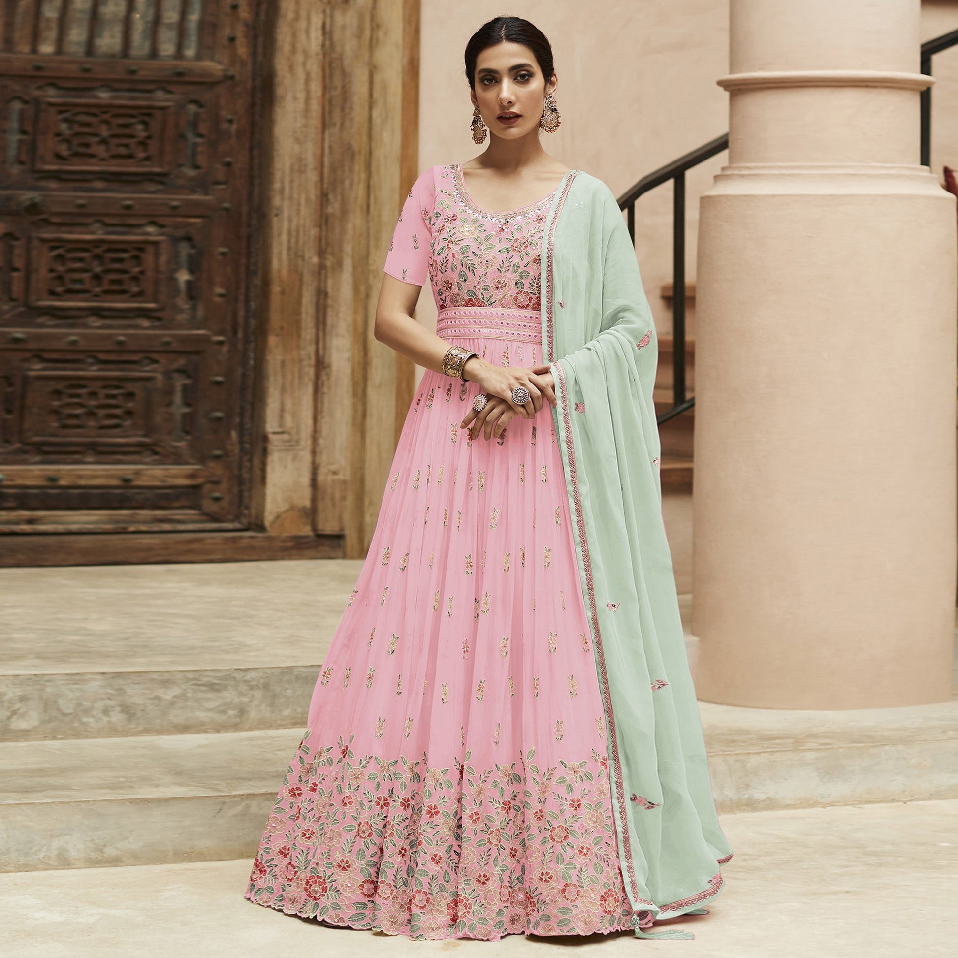 Light Pink Sequins Floral Embroidered Georgette Semi Stitched Anarkali Suit