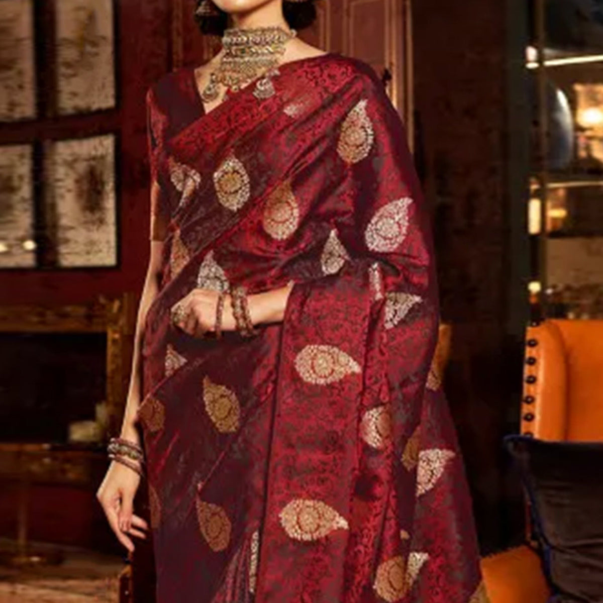 Maroon Woven Satin Silk Saree
