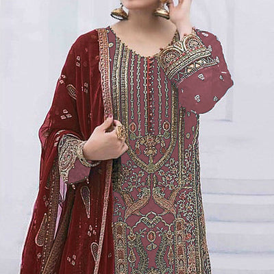 Mauve Embroidered Georgette Semi Stitched Pakistani Suit