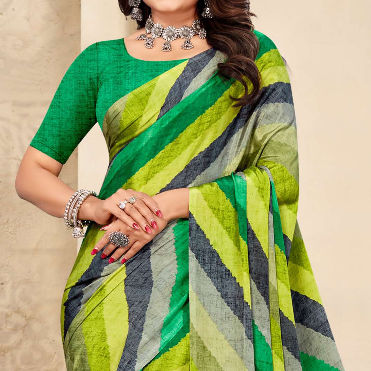 green-striped-printed-crepe-saree
