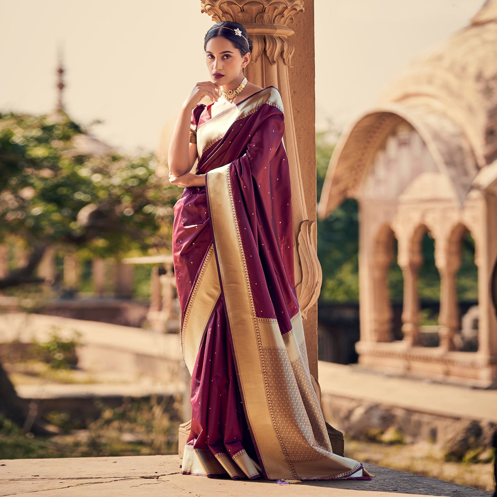 Maroon Woven Satin Saree