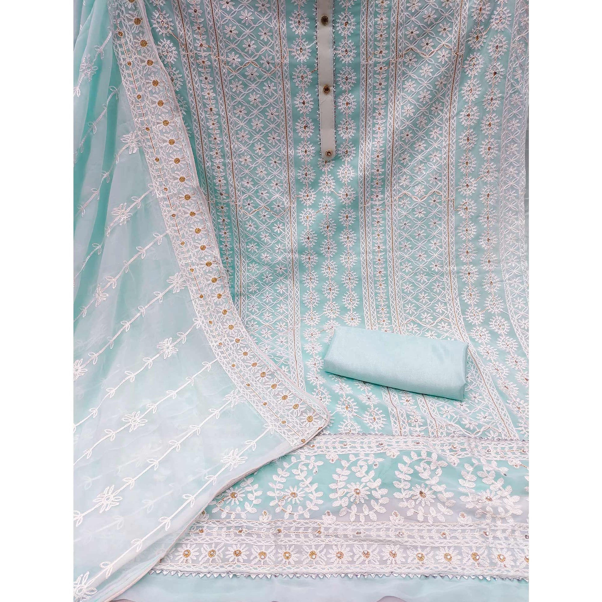 Light Blue Lucknowi Embroidered Georgette Dress Material