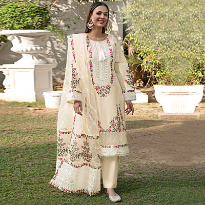 Cream Floral Embroidered Georgette Palazzo Suit