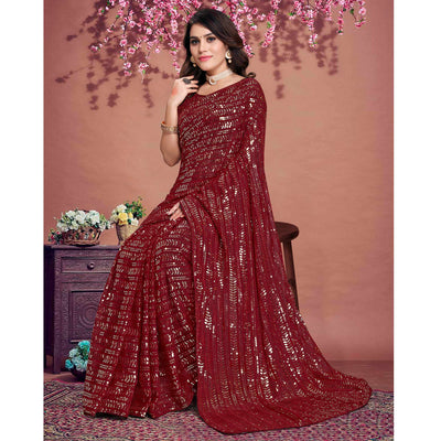 Maroon Sequins Emroidered Georgette Saree