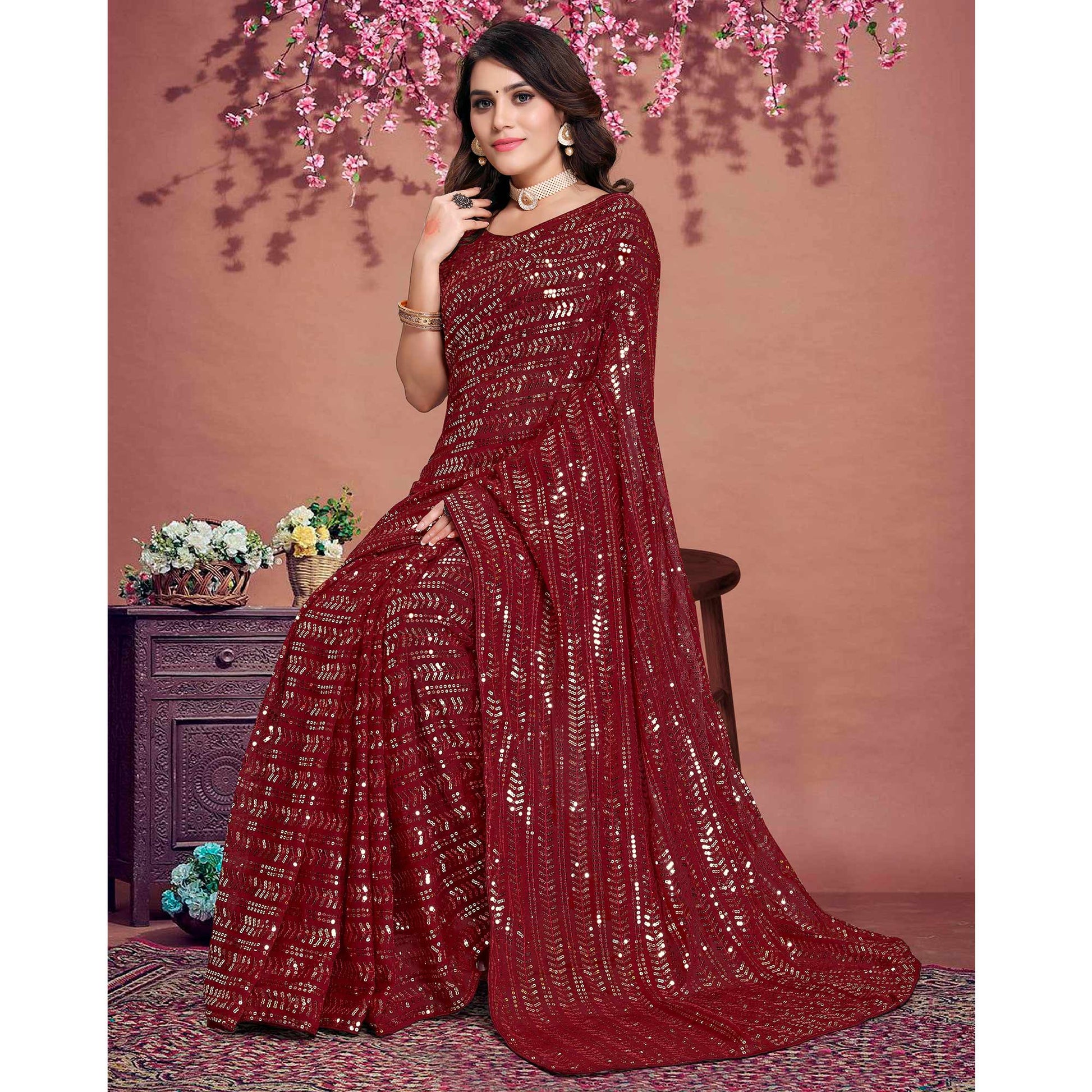 Maroon Sequins Emroidered Georgette Saree