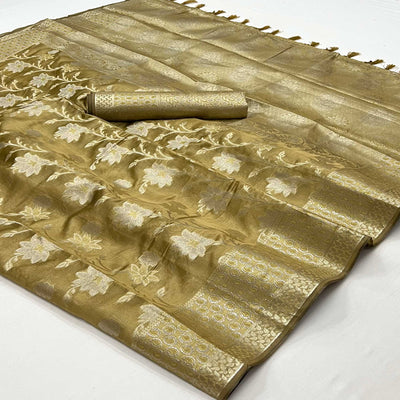 Mehendi Green Floral Woven Organza Saree With Tassels