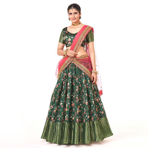 Dark Green Digital Printed With Zari Work Art Silk Lehenga Choli