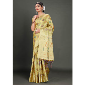 Lemon Green Woven Organza Saree With Tassels