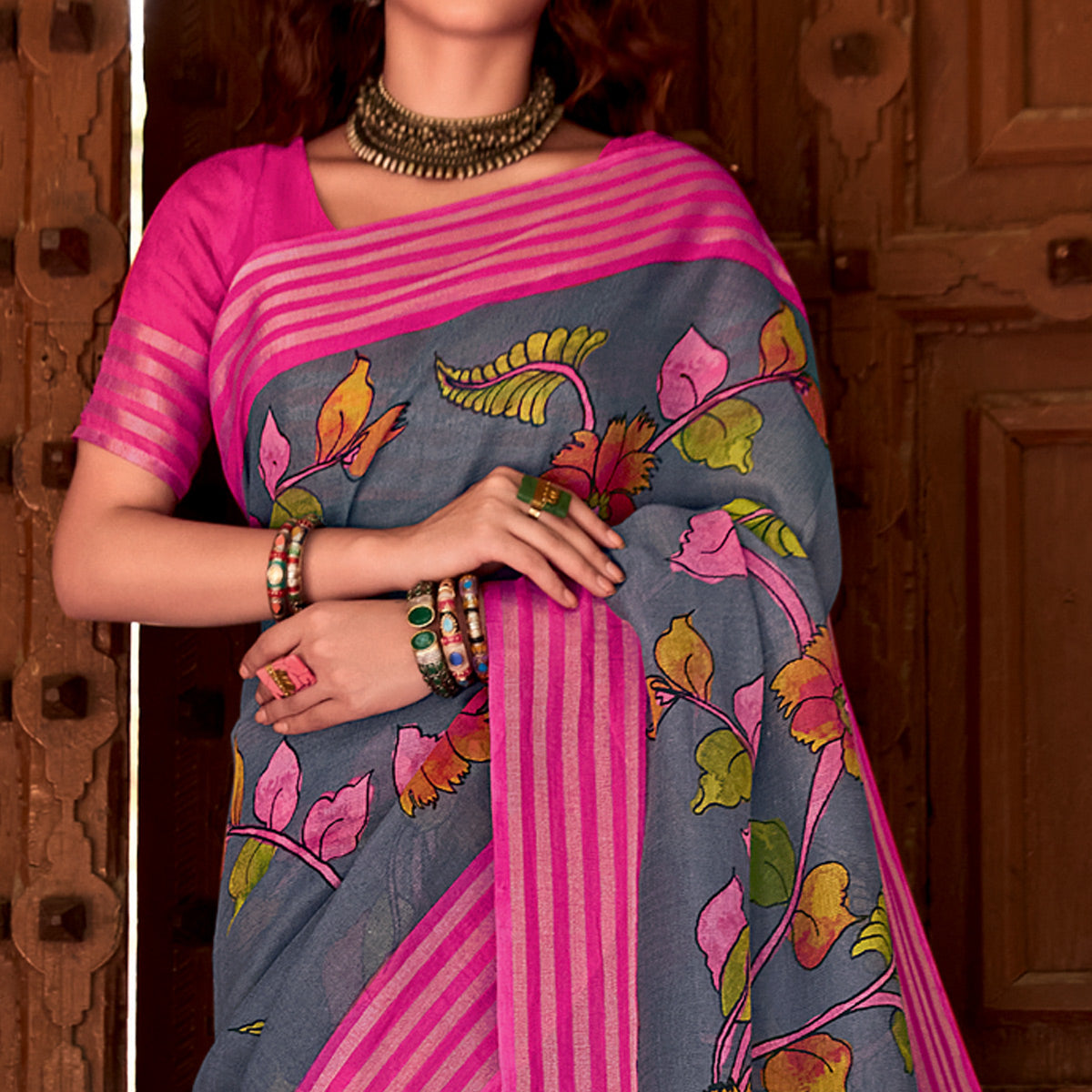 grey-floral-printed-linen-saree-1