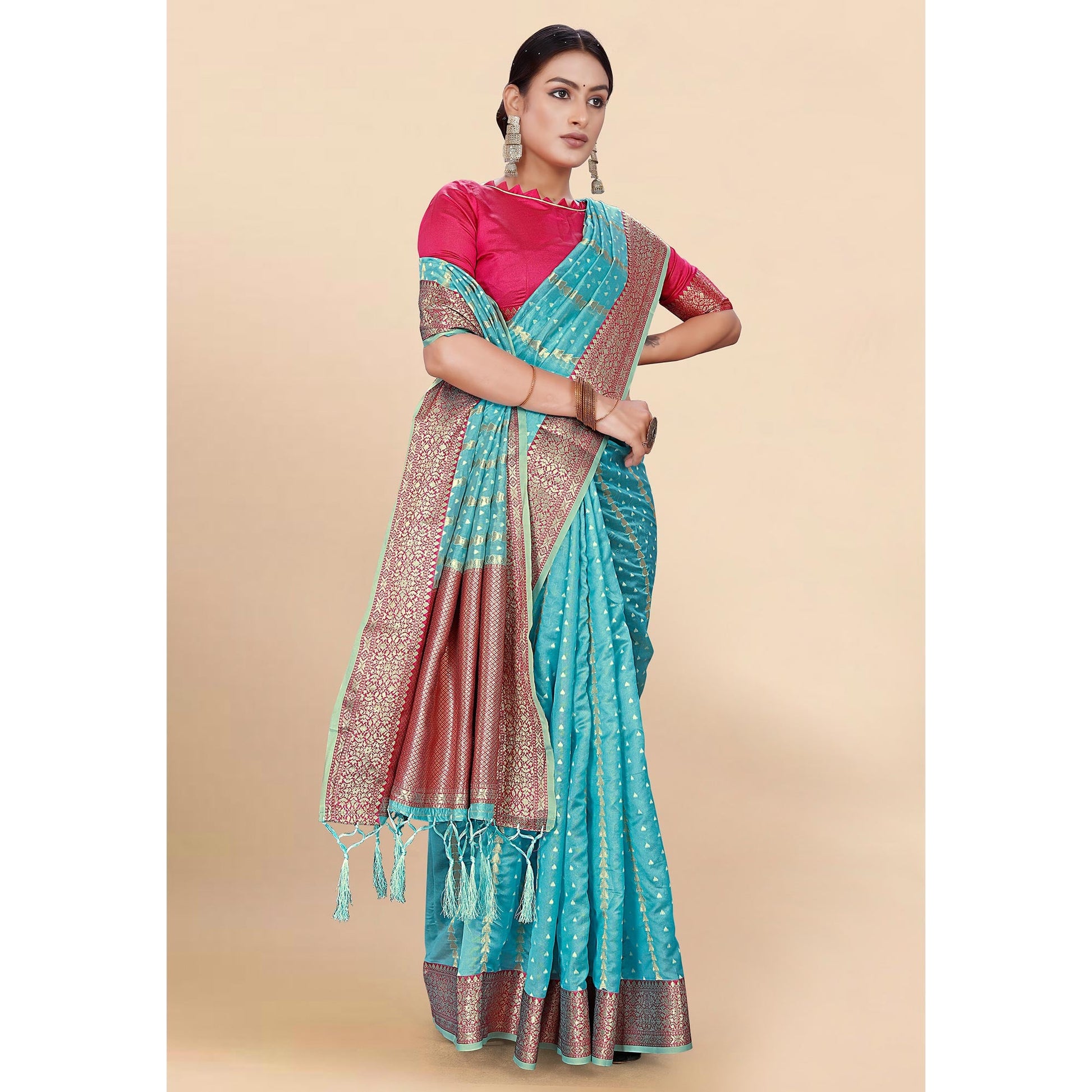 Blue Woven Organza Saree With Tassels