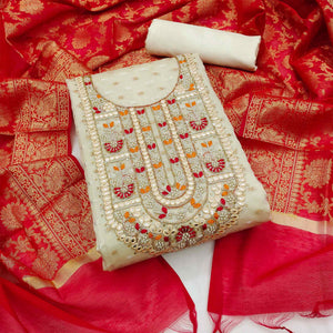 Cream Woven With Handwork Banarasi Silk Dress Material