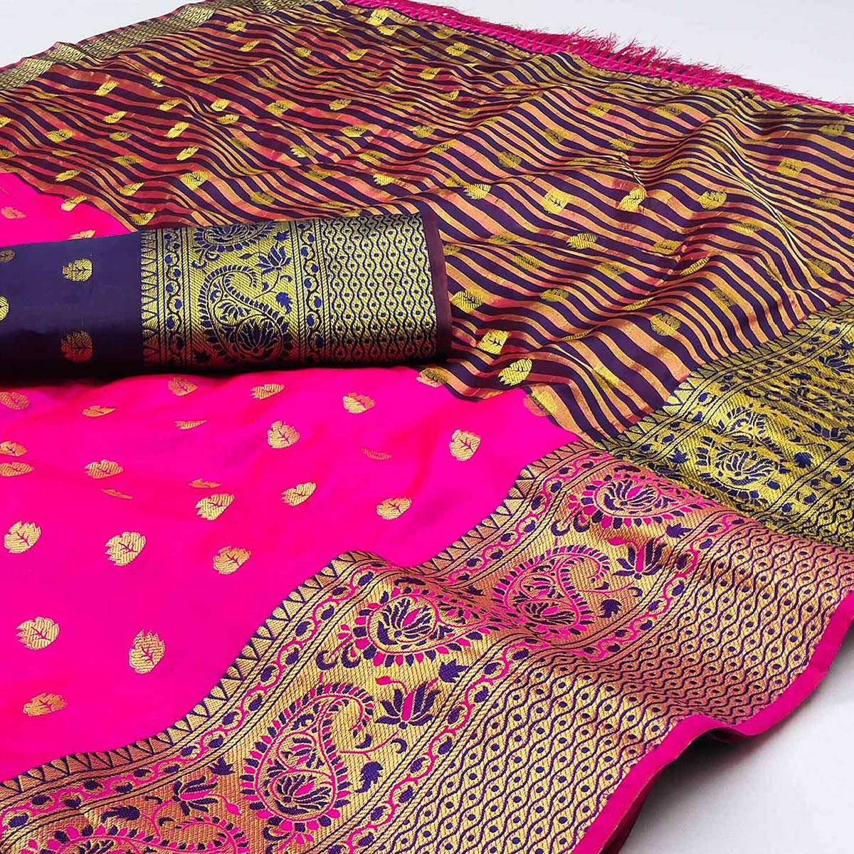 Magenta Pink Woven Jacquard Saree With Tassels