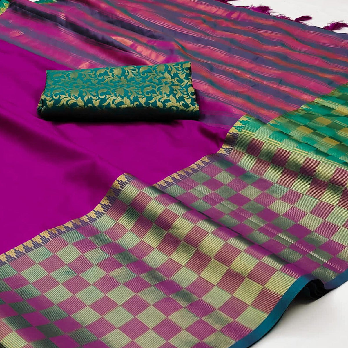 Magenta Pink Woven Cotton Silk Saree With Tassels