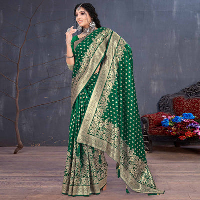 Bottle Green Woven Art Silk Saree With Tassels