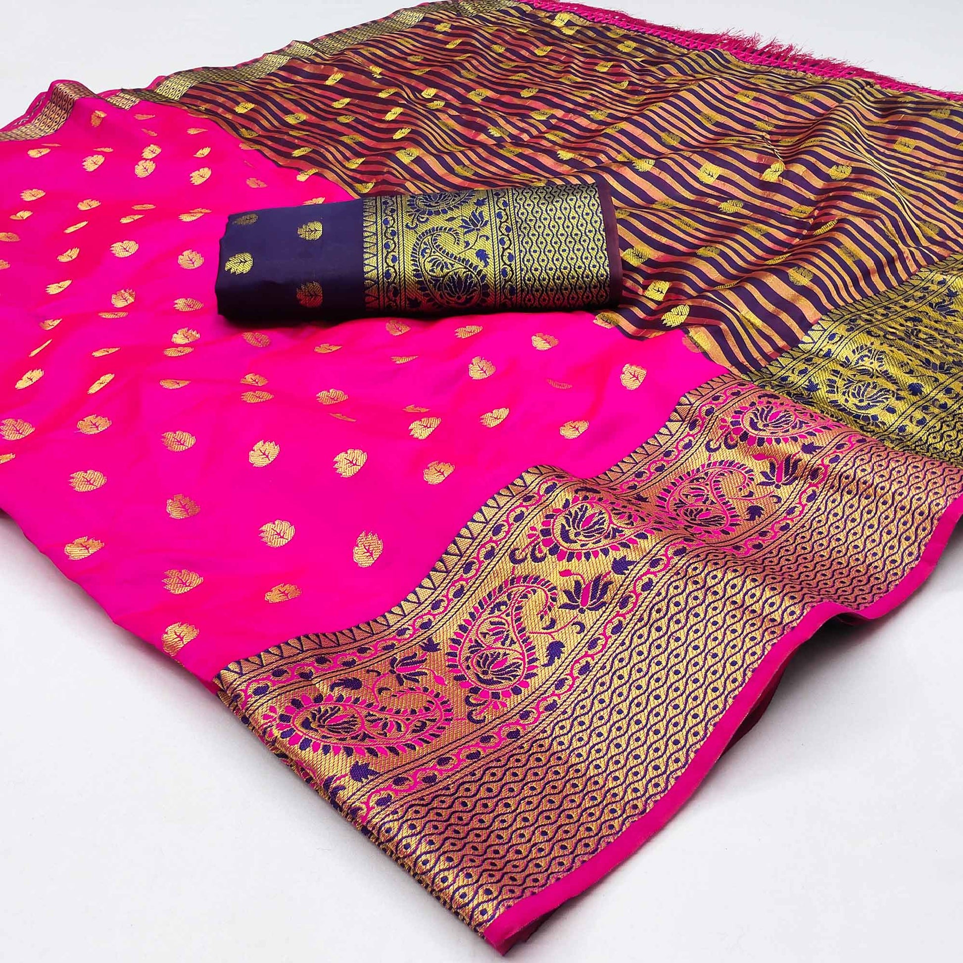 Magenta Pink Woven Jacquard Saree With Tassels