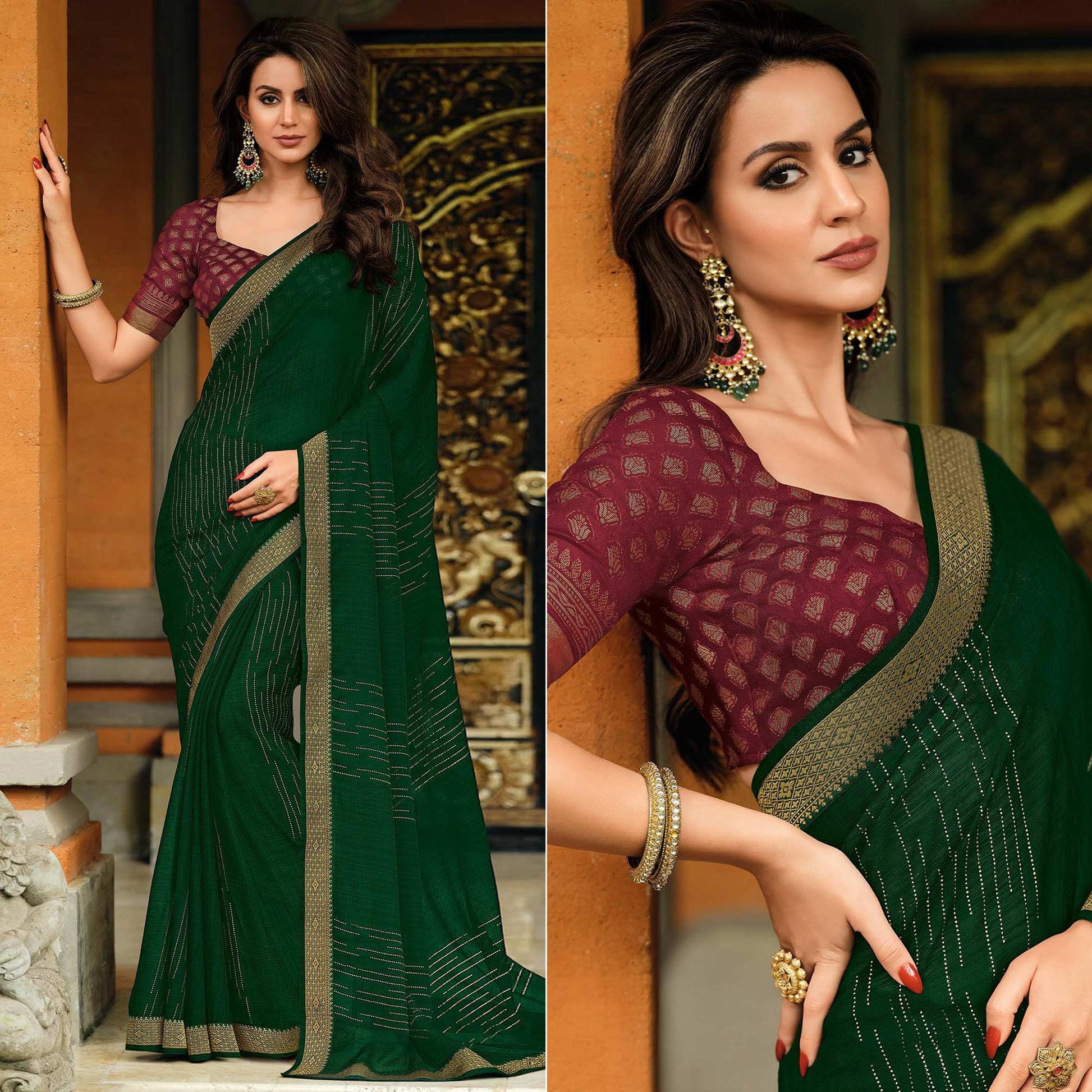 Bottle Green Foil Printed Chiffon Saree