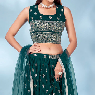 Bottle Green Floral Foil Printed Chiffon Lehenga Choli