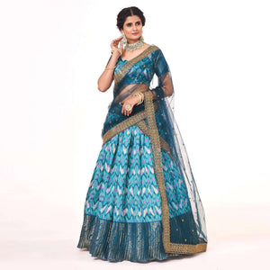 Firozi Blue Digital Printed With Zari Work Art Silk Lehenga Choli
