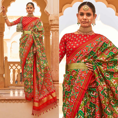 c-green-red-printed-tussar-silk-saree-with-tassels