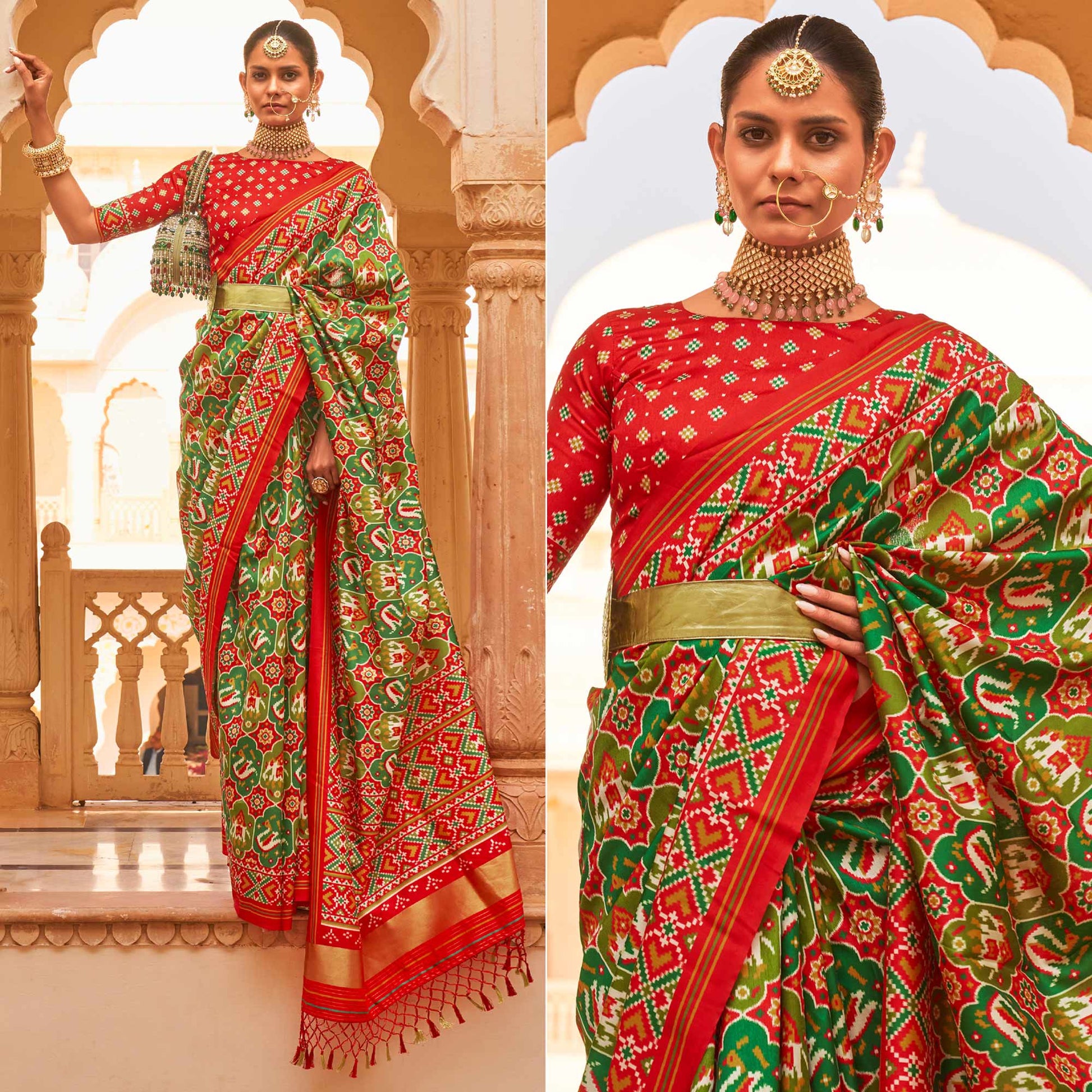 c-green-red-printed-tussar-silk-saree-with-tassels