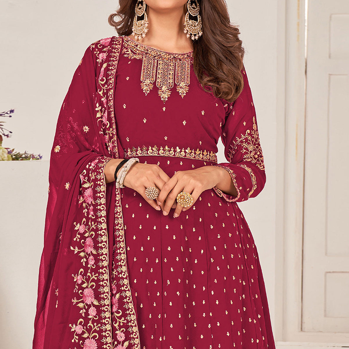Maroon Sequins Embroidered Georgette Sharara Suit