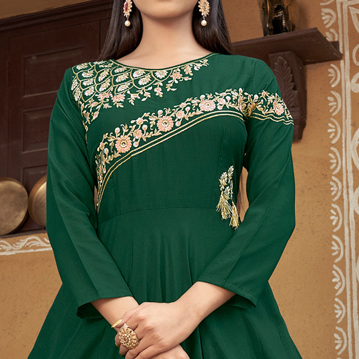 Bottle Green Floral Embroidered Muslin Gown
