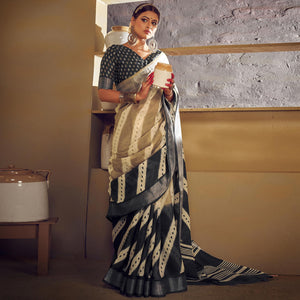 Brown & Black Printed With Zari Border Linen Saree