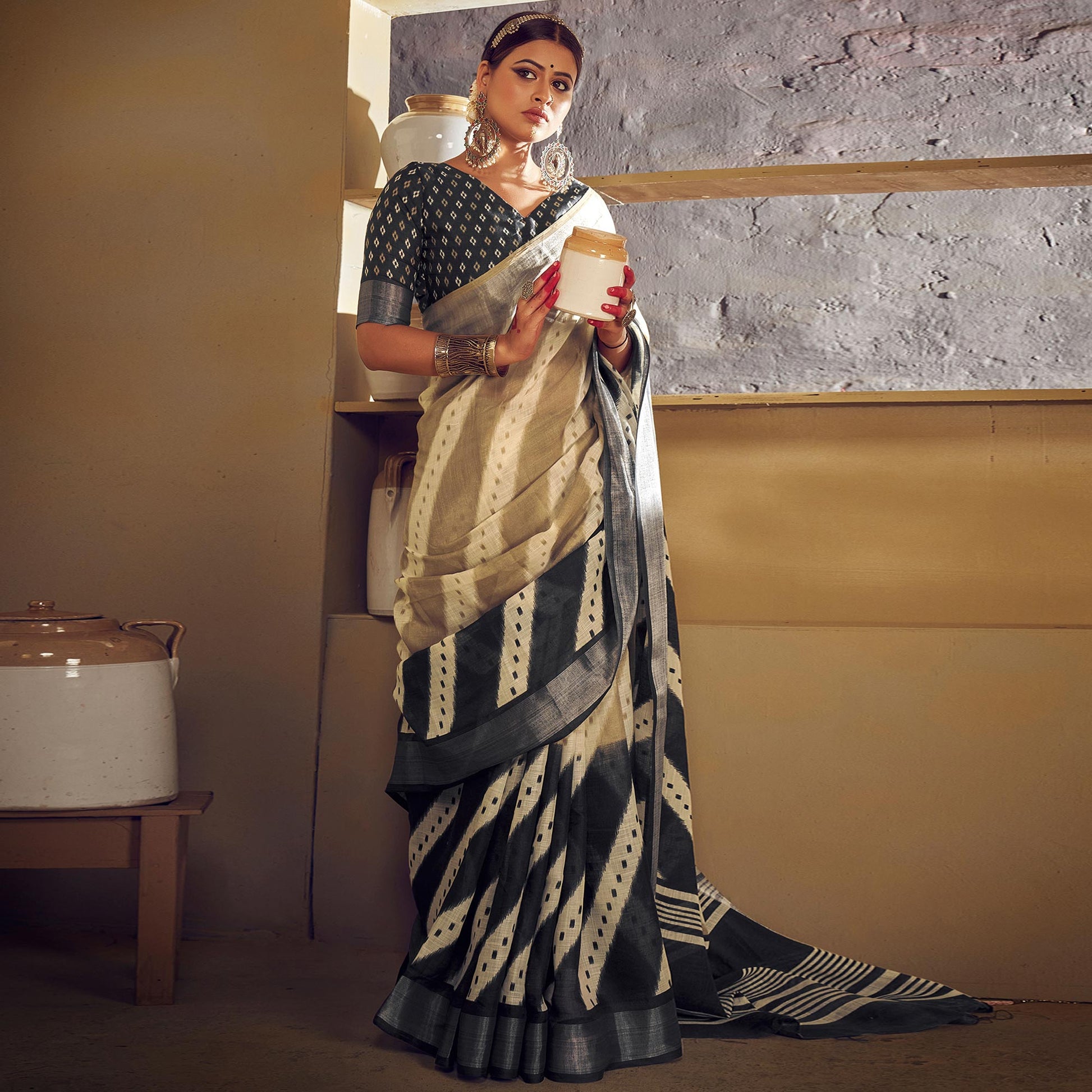 Brown & Black Printed With Zari Border Linen Saree
