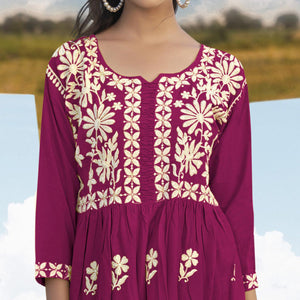 Magenta Pink Lucknowi Embroidered Rayon Tunic