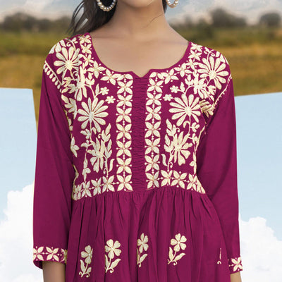 Magenta Pink Lucknowi Embroidered Rayon Tunic