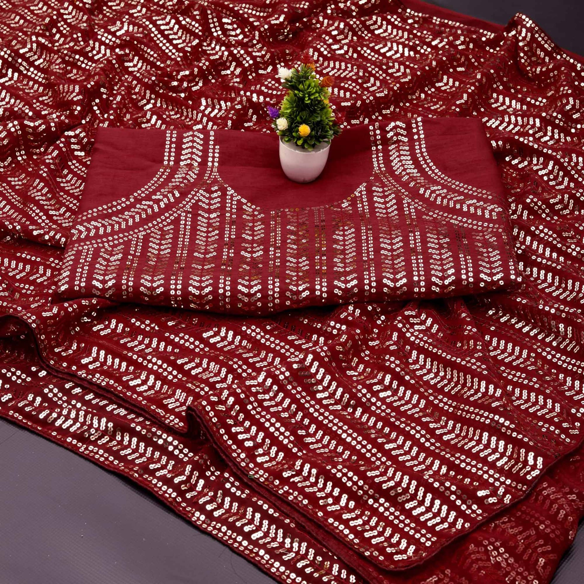 Maroon Sequins Emroidered Georgette Saree