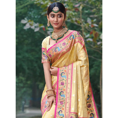 Cream Woven Art Silk Paithani Saree With Tassels