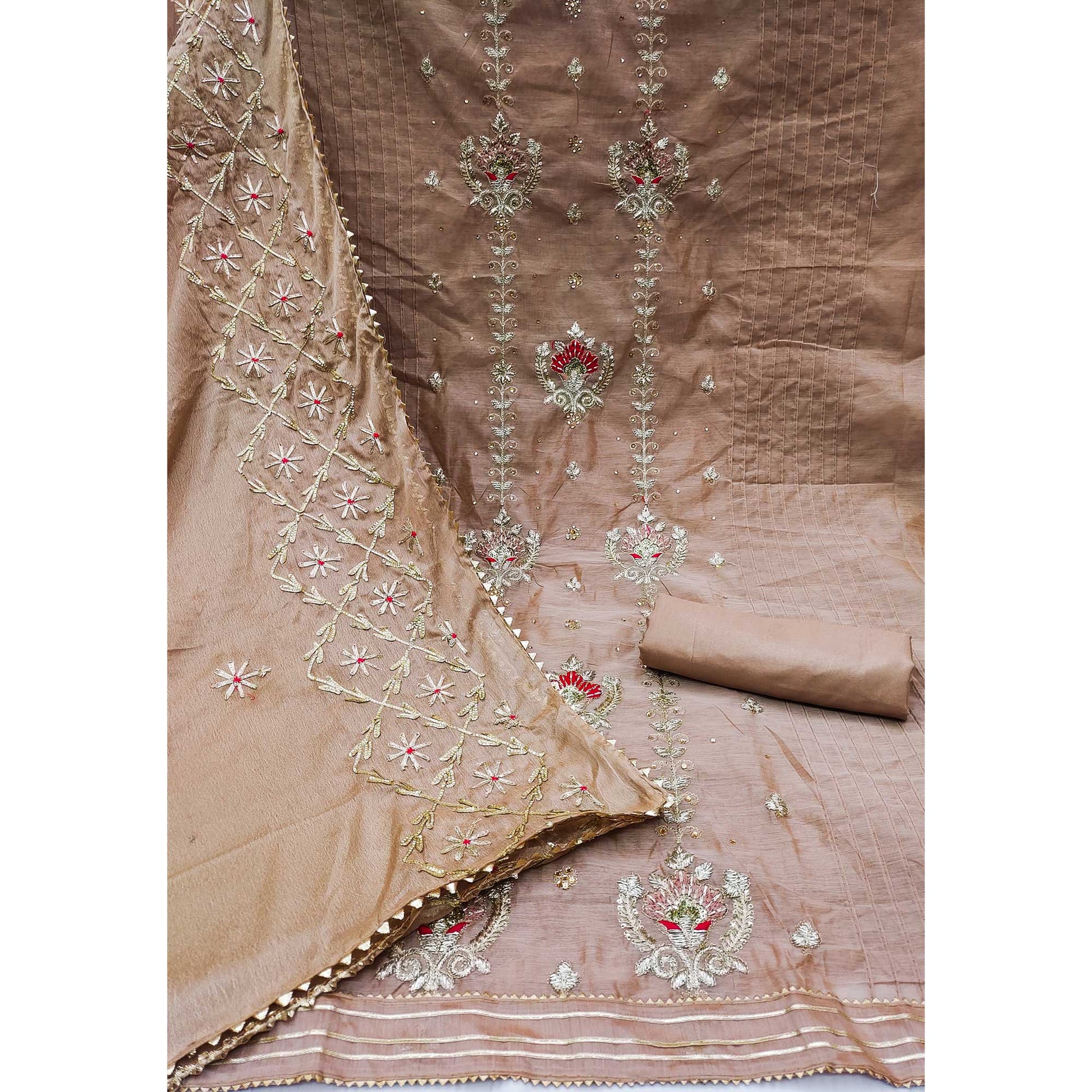 Brown Sequins Embroidered Modal Dress Material