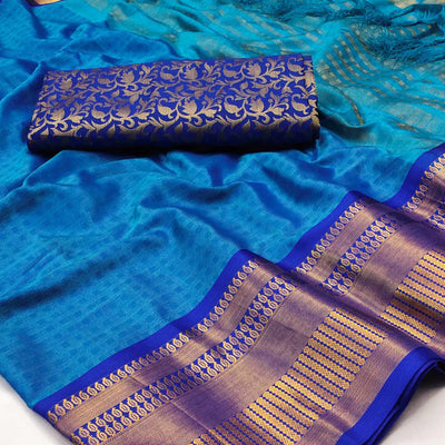 Blue Woven Cotton Silk Saree With Tassels